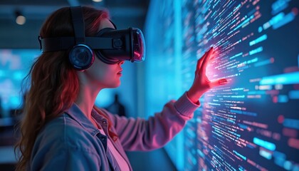 Student uses VR headset, interacts with AI learning tech in futuristic classroom with blue hologram. Girl studies cyberspace, enhances digital skills, explores interactive interface, gets immersive