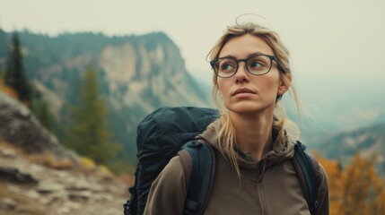 Naklejka premium Myopia prevention with a woman wearing glasses hiking a mountain trail. Wellness, fitness, and eye protection
