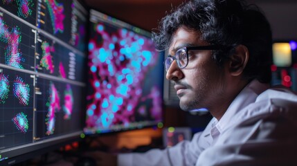 A data analyst intently examines vibrant visual data displays across multiple monitors in a contemporary workspace during the evening hours.