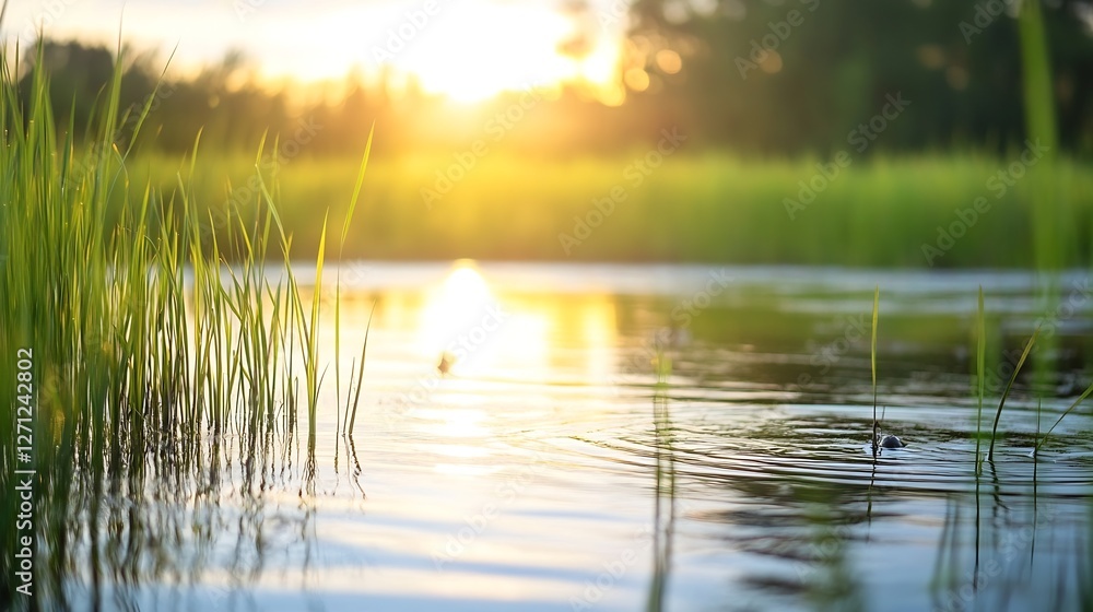 Aufkleber sunlight filtering through tall grass at the edge of a serene pond creating a peaceful nature scene 