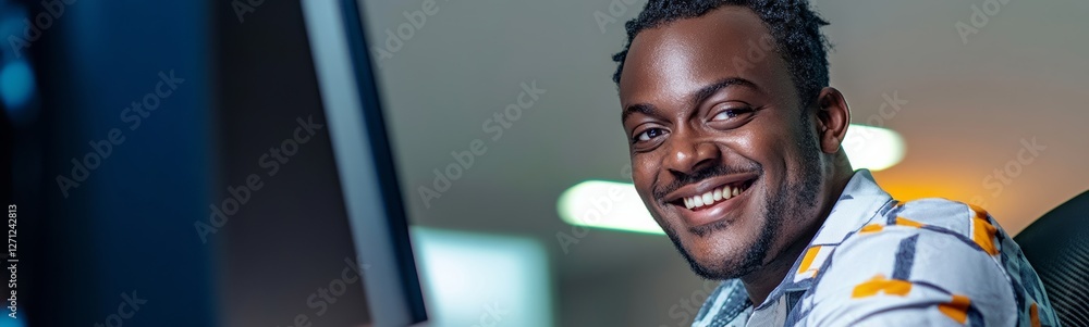 Aufkleber man is smiling and sitting in front of a computer monitor. he is wearing a white shirt with orange a