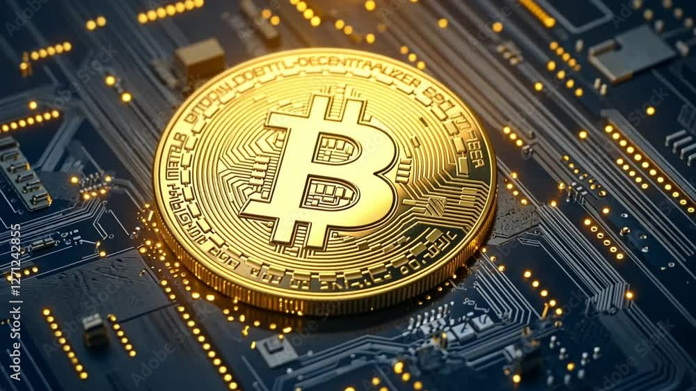Aufkleber golden bitcoin on digital circuit: a close-up shot of a gleaming golden bitcoin coin resting on a hi