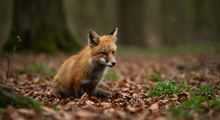 Naklejka premium Red Fox Sitting Alert in Autumn Forest on Bed of Leaves
