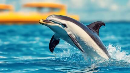 Obraz premium Dolphin is leaping out of the water. Concept of freedom and joy, as the dolphin is in its natural habitat and enjoying the ocean
