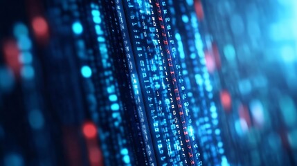 Vivid digital representation of data streams with luminous binary code flowing in a hightech environment : Generative AI