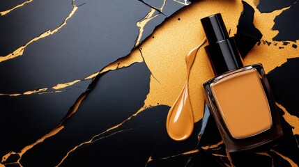 A luxurious liquid foundation bottle with a pump dispenser, standing on a glossy marble surface.