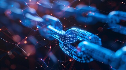 Visual representation of blockchain technology featuring interlinked digital chains illuminated by glowing binary code, emphasizing connectivity and data integrity.