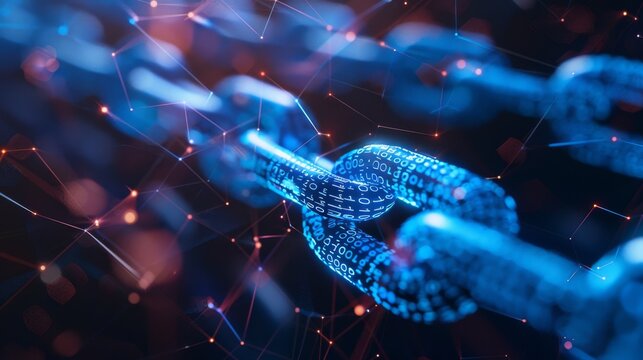 Visual representation of blockchain technology featuring interlinked digital chains illuminated by glowing binary code, emphasizing connectivity and data integrity.