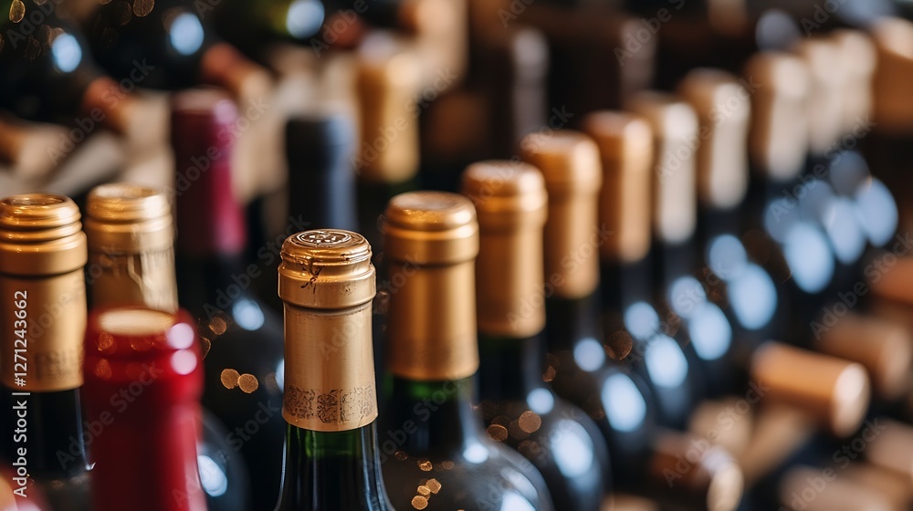 Aufkleber Assorted bottles of wine neatly arranged on shelves showcasing a variety of colors and labels in a cozy environment : Generative AI