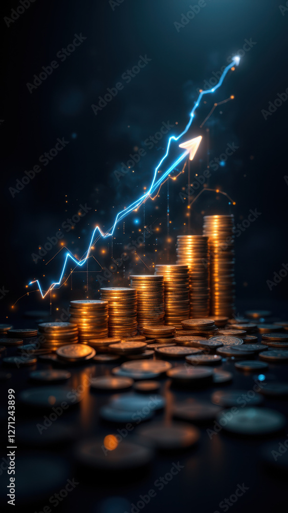 Poster financial growth symbolized by a stack of coins with an upward-pointing graph and sparkles, suggesti