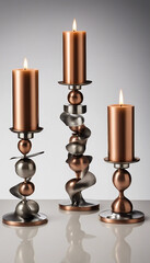 A selection of stylish candles in refined metallic candle holders, perfect for decoration or creating an elegant ambiance. The combination of gold, silver, and bronze accents adds sophistication to an
