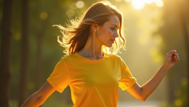 Hermosa mujer con tonos de sol y sombra mostrando su camiseta amarilla, moda, danza