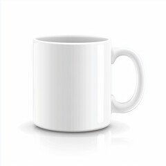 A realistic illustration of a plain white ceramic mug with a simple handle, featuring a smooth glossy surface, subtle light reflections, and shadows on a clean white background.