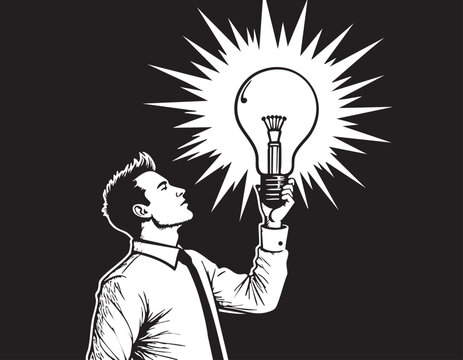 Businessman hold bright lightbulb creativity finding inspiration solution expert solving problem leader