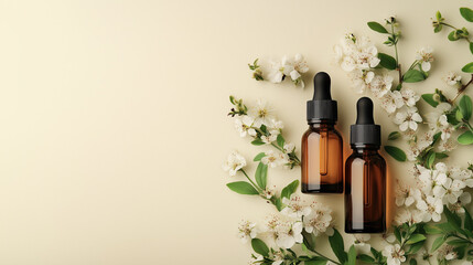 Natural skincare oils surrounded by delicate flowers create serene atmosphere. This artistic composition highlights beauty of nature and wellness