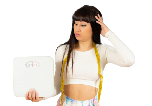 Surprised woman holding a measuring tape as dieting symbol and weight scales isolated over transparent background. PNG transparent. - Powered by Adobe