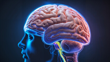 An image depicting a brain highlighted in blue and red, showcasing distinct areas of focus and activity
