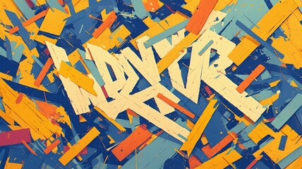 Abstract art, vibrant colors, geometric shapes, text overlay