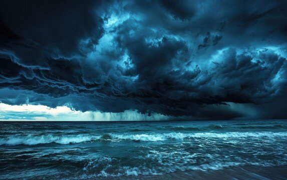 A powerful storm rolling in over the ocean, dark clouds swirling