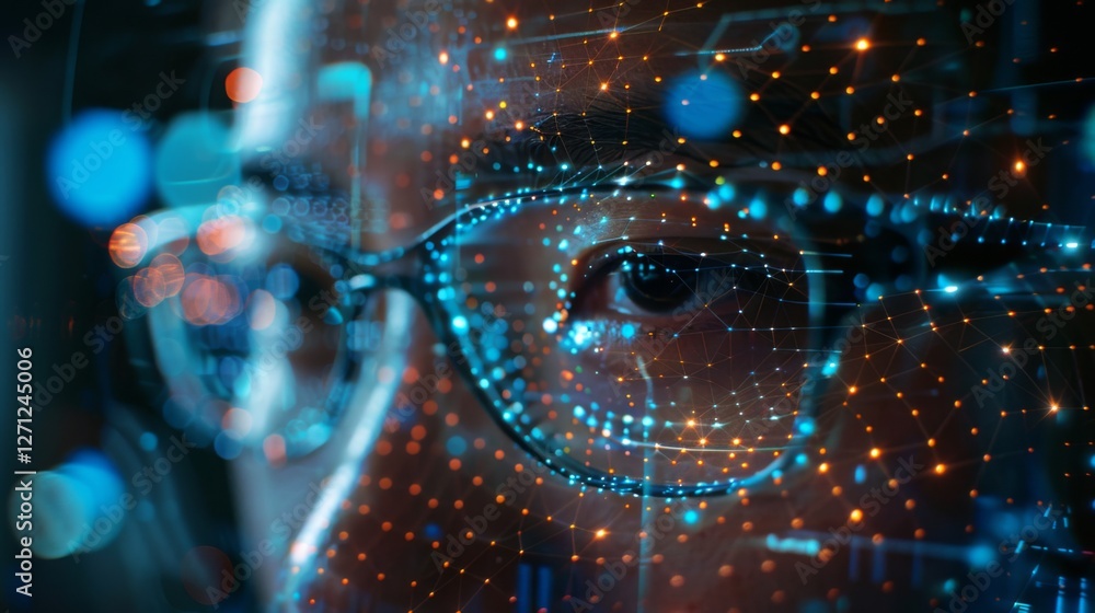 Aufkleber focused gaze showcases a person's eye surrounded by vibrant digital graphics. bright dots and lines 