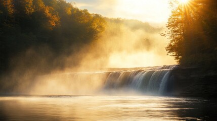 Golden Cascade, A Waterfall Bathed in Morning Sunlight and Mystical Haze