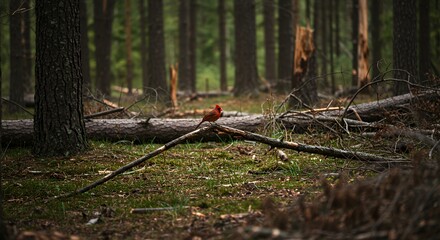 Obraz premium Cardinal Bird Perched on Branch in Serene Forest Landscape