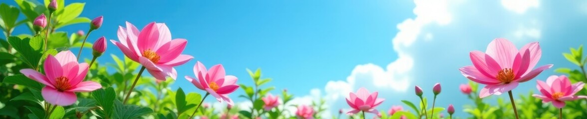 Fototapeta premium Pink petals against a bright blue sky with lush green foliage, botanical, nature