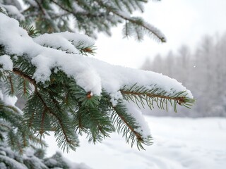  Snowy Pine Tree Branch on White Background