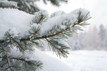  Snowy Pine Tree Branch on White Background