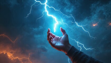 Hand holds bright lightning bolt against stormy blue sky. Concept of power, energy, god-like strength. Light streaks through clouds, creating dramatic mood. Perfect for fantasy or sci-fi themes.