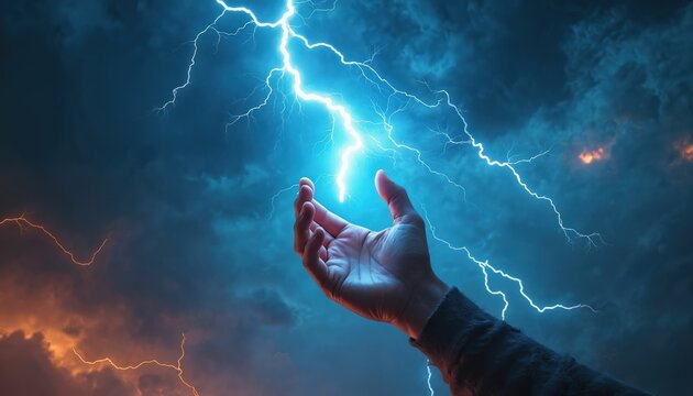 Hand holds bright lightning bolt against stormy blue sky. Concept of power, energy, god-like strength. Light streaks through clouds, creating dramatic mood. Perfect for fantasy or sci-fi themes.