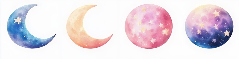 Beautiful Watercolor Moon Phases with Stars in Gradient Colors