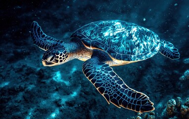 Fototapeta premium A sea turtle with barnacles on its shell in deep water