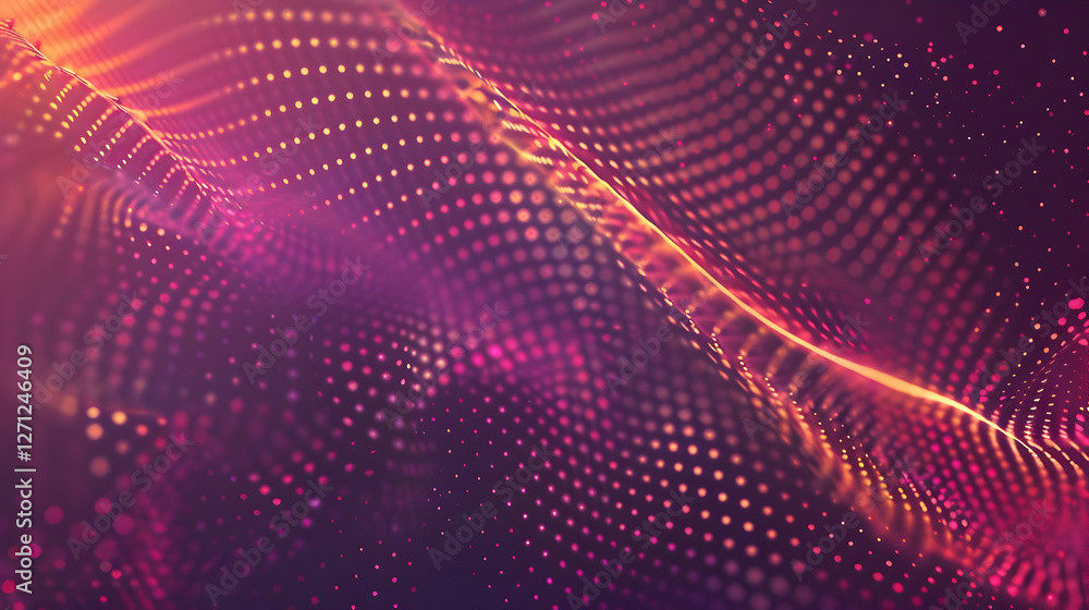 Poster abstract vibrant wave pattern with glowing dots in shades of purple and orange, creating depth