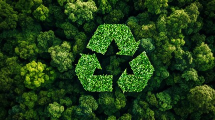 Aerial view of a lush green forest with a recycling symbol made from leaves, symbolizing environmental protection and sustainability