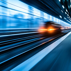 Fototapeta premium Motion Blurred Train Speeding Through Dark Tunnel With Bokeh Lights Effect Dynamic Perspective