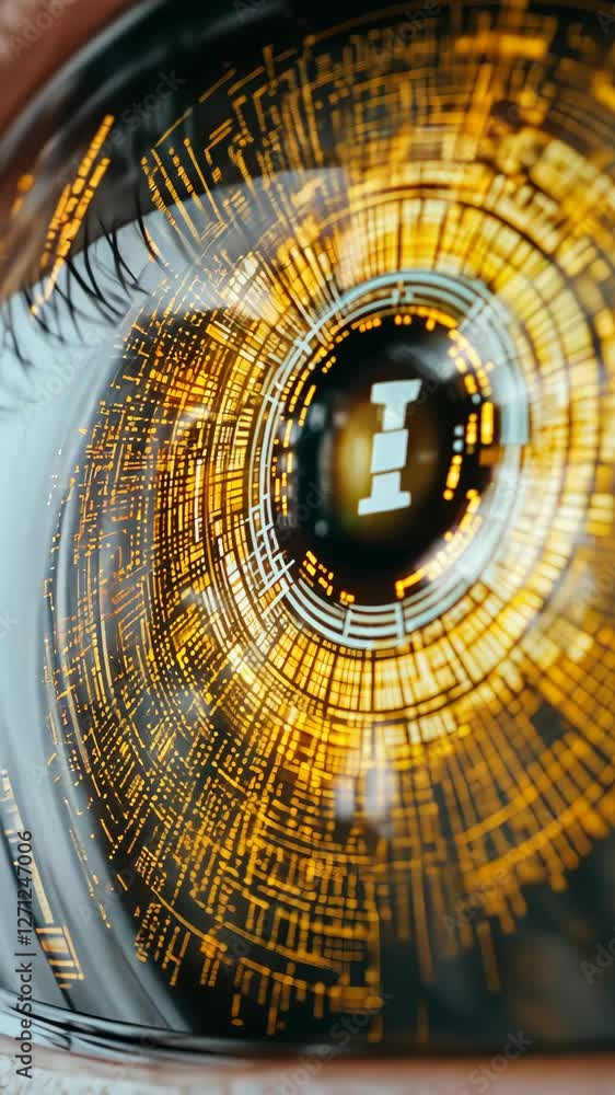 Poster intricate patterns and vibrant colors in a human eye symbolize technology and vision during a close-
