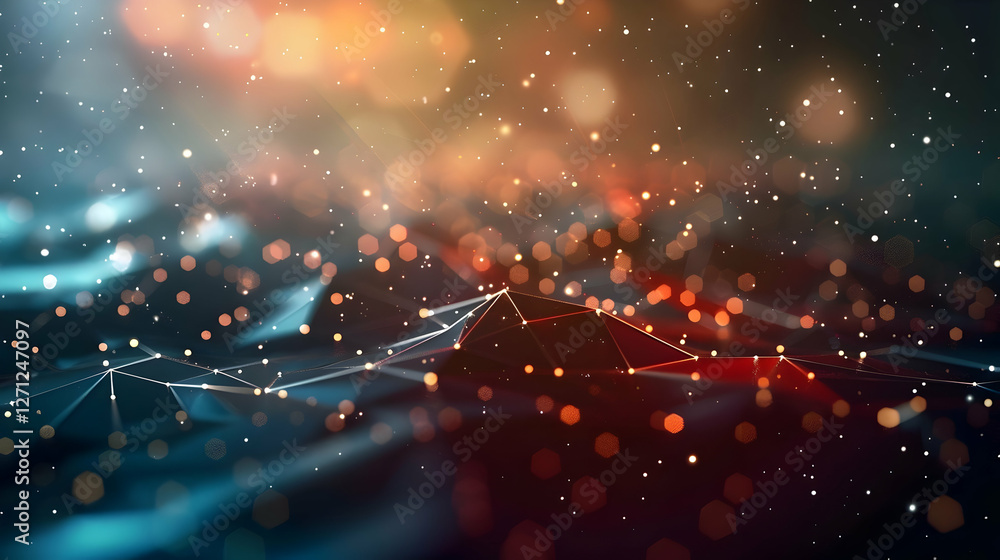 Poster abstract digital background with colorful bokeh lights and geometric lines in motion