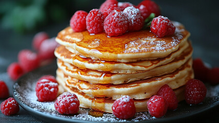 Pancakes with honey, jam, and berries