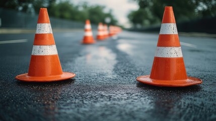 Orange Traffic Cones on Wet Asphalt