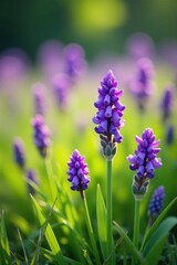 Fototapeta premium Purple bulb flowers blooming in a meadow with soft focus effect and greenery, field, bloom, grass