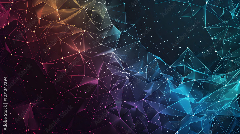 Poster abstract digital background with colorful geometric shapes and starry effects, suitable for tech des