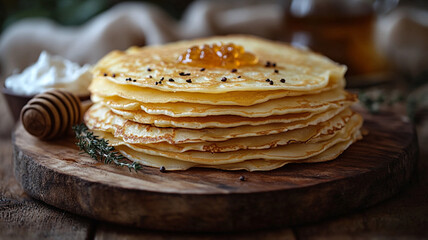Pancakes with honey, jam, and berries