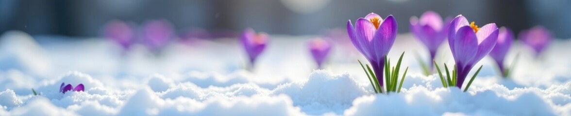 Fototapeta premium Purple crocuses sprouting from snow-covered ground, frozen ground, blossoms