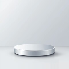 Sleek, single-tiered silver podium with smooth surface and rounded edges, centered on a clean white background with subtle shadows, emphasizing simplicity and elegance.