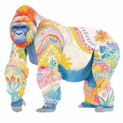 Obraz premium Vibrant Colorful Gorilla Artwork Tropical Floral Pattern Animal Print Design Jungle Theme