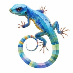 Obraz premium Vibrant Blue Lizard with Colorful Tail Watercolor Reptile Illustration Exotic Wildlife Art
