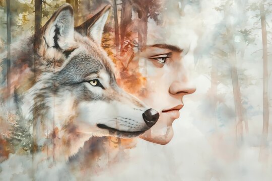 Watercolor unity of man and wolf on the background of nature