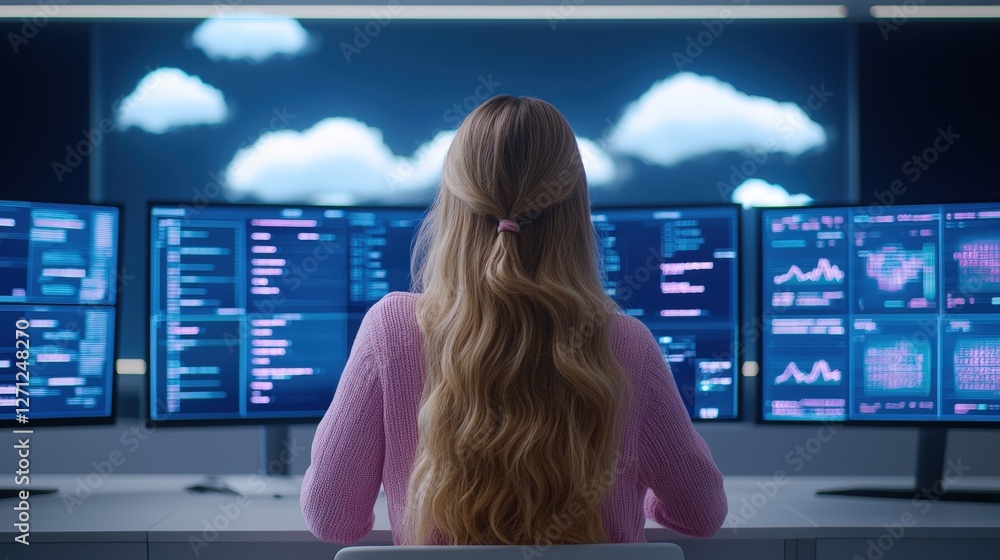 Poster a woman with long hair sits in front of multiple monitors displaying data and charts, immersed in an