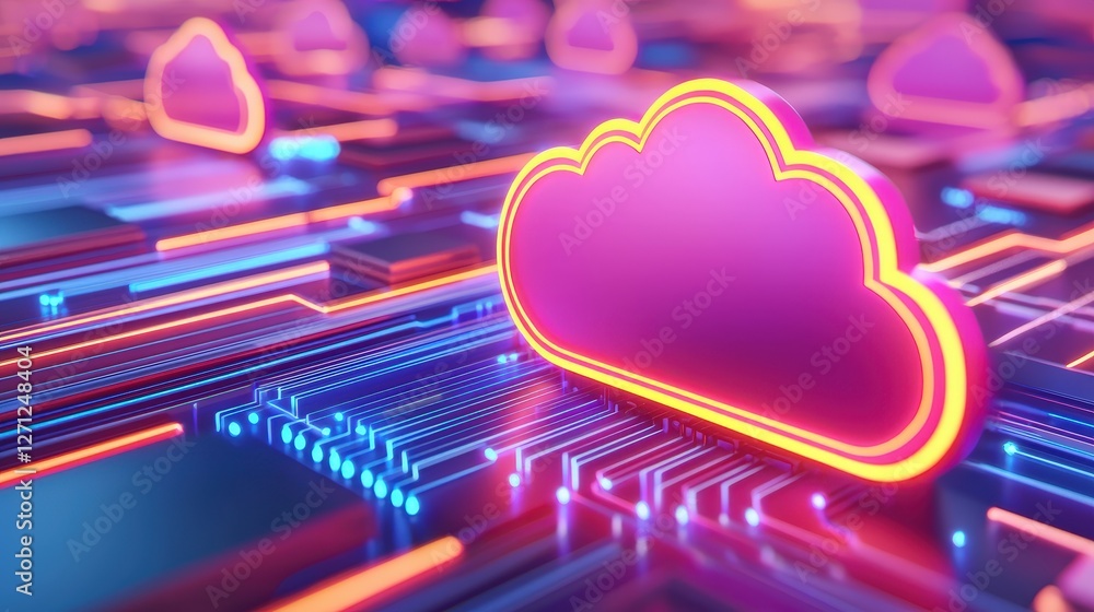 Poster a vibrant digital landscape featuring glowing clouds representing cloud computing technology, set ag